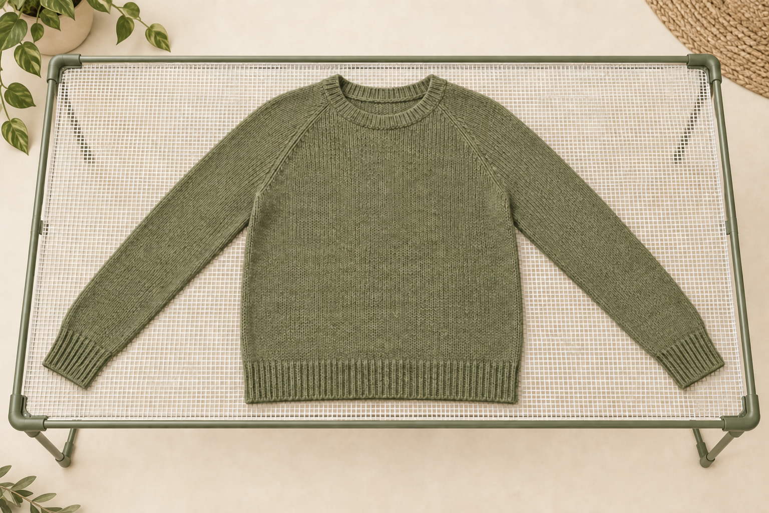 KI-generierte Skizze: vollständig unterstütztes Strickteil auf einem flachen Trockenaufsatz