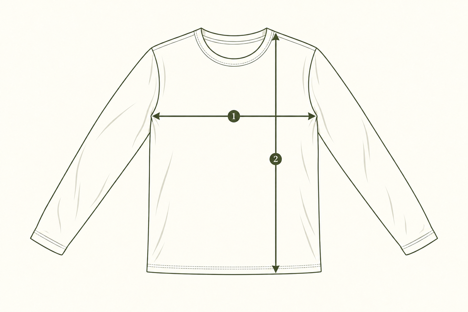 KI-generierte Skizze: Brustweite und Rumpflänge an einem flach liegenden Langarmshirt